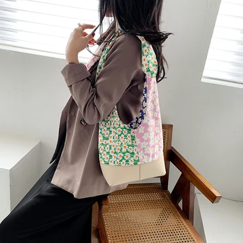 

Women Splicing Color Handbags Floral PU Ladies Flower Art Shoulder Totes Bags Female Classic Elegant Shoulder Handbags