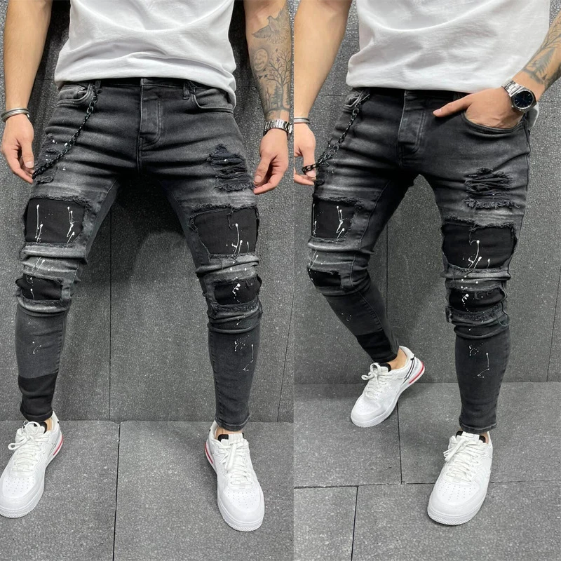 Pantalones vaqueros ajustados para hombre, jeans de tendencia, con personalidad, de goteo, novedad europea americana|Pantalones vaqueros| - AliExpress