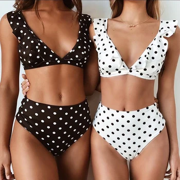 

Ruffled Deep V Bikini Black And White Polka Dot Print Sexy Swimsuit High Elasticity Youth Vitality Swimsuit