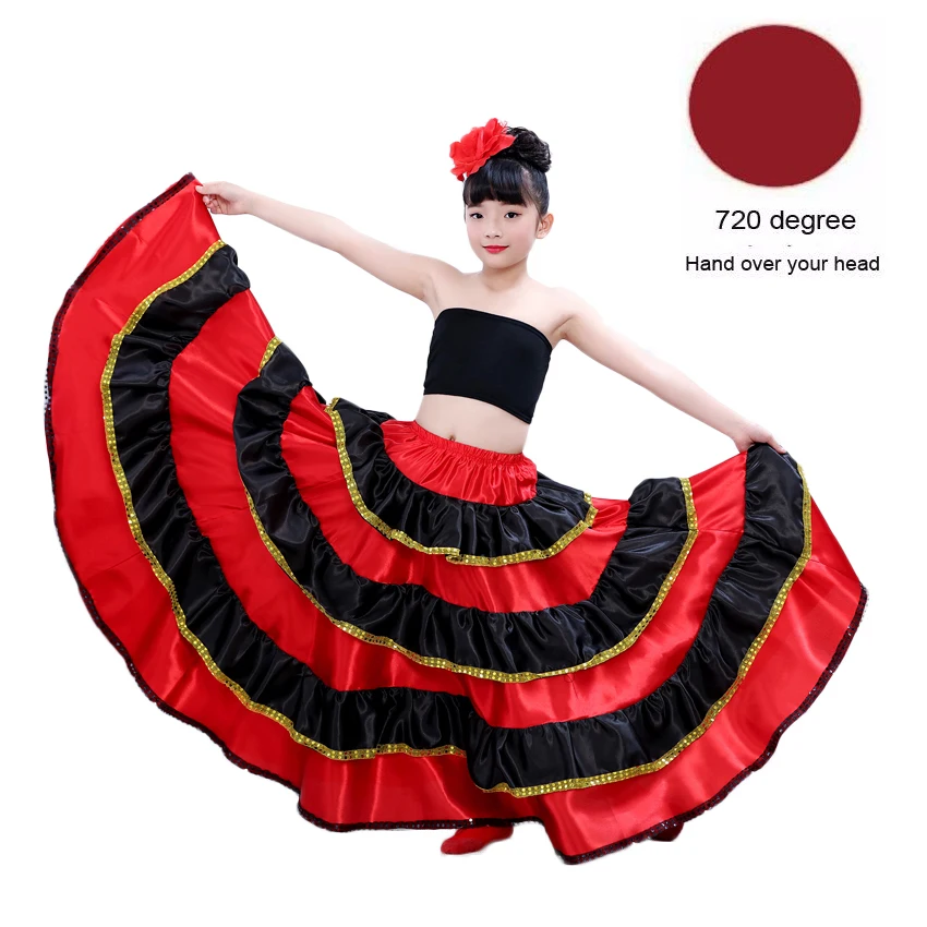 720 Degree Skirt Детская юбка фламенко, испанский бой быков, танцевальное платье, цыганская одежда для выступлений, Женская сценическая одежда, женский красный атласный костюм - Цвет: 720 Degree Skirt