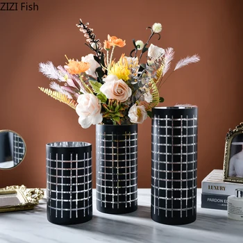 

SILVER GRID GLASS VASE PURE BLACK VASES FOR FLOWERS FLORAL ORNAMENTS OFFICE DESKTOP DECORATION FLOWER INSERT NORDIC HOME DECOR