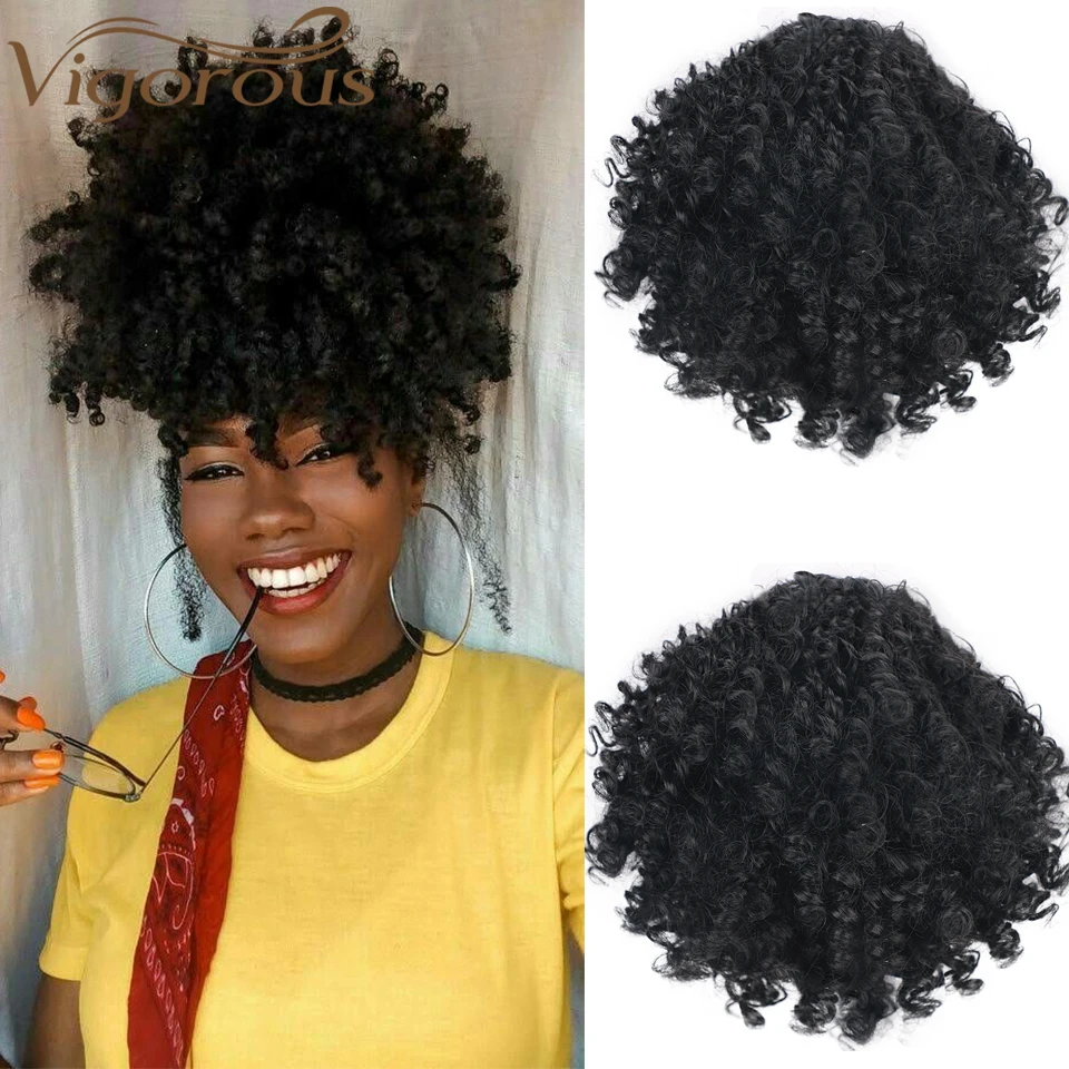 

Vigorous Black Brown Afro Pongtail Drawstring Style Wrap around Hair Clip Short Chignon Synthetic Hair Extension for Women
