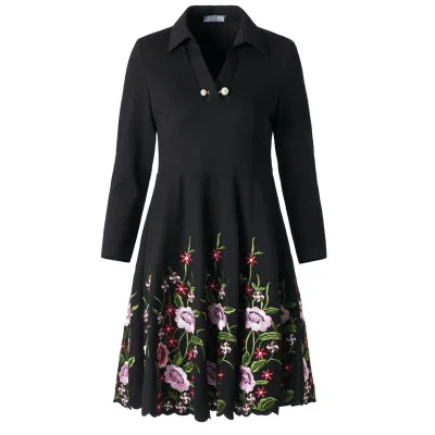 Новое цветочное винтажное платье-рубашка xxxl pring Вышивка женское офисное платье размера плюс Повседневные платья а-силуэта - Цвет: Черный