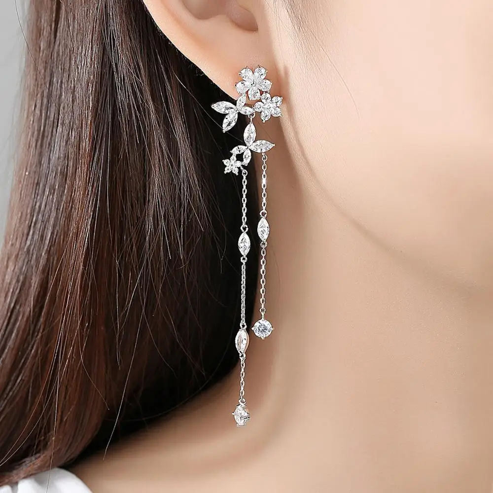 Luoteemi Delicate Fairy Flower Long Thing Chain Drop Dangle Earrings for Women Bridal Wedding Dating with AAA CZ Fashion Jewelry