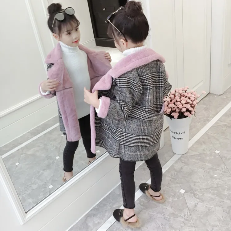 Pink coat Новая верхняя одежда и пальто для девочек; модная шерстяная зимняя куртка в клетку с отложным воротником для девочек; От 6 до 10 лет одежда из бархата для подростков - Цвет: Pink coat