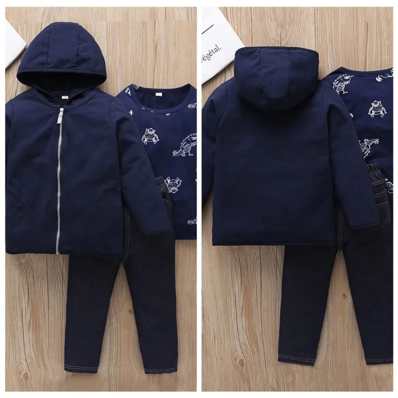 Three-Piece Long-Sleeved Pants Hooded Zipper Jacket Boys And Girls Cartoon Top Trousers New Children\\\'s Sets