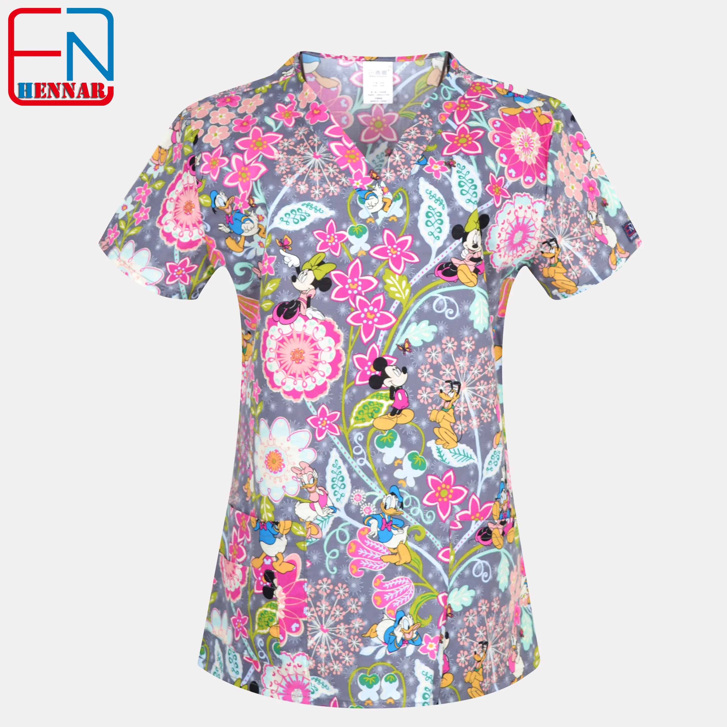 

1908 NEW Hennar Women Scrub Top With V-Neck 100% Cotton Print Surgical Medical Uniforms Hospital Nurse Scrub Tops For Women