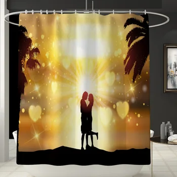 

180x180CM Couple Dusk Romantic Theme Bathroom Shower Curtain Waterproof Anti-slip 3PCS Mat Set Toilet Floor Cover Rug Household