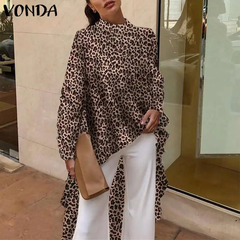 

2020 VONDA Tunic Women Long Shirt Blouses Vintage Long Sleeve Leopard Print Blouse Office Asymmetrical Blusas Top Plus Size