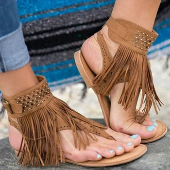 

Women Tassel Bohemia Sandals Casual Flat Flip Flops Summer Beach Shoes Fashion Suede Leather Bling Ankle Strap Gladiator Sandals