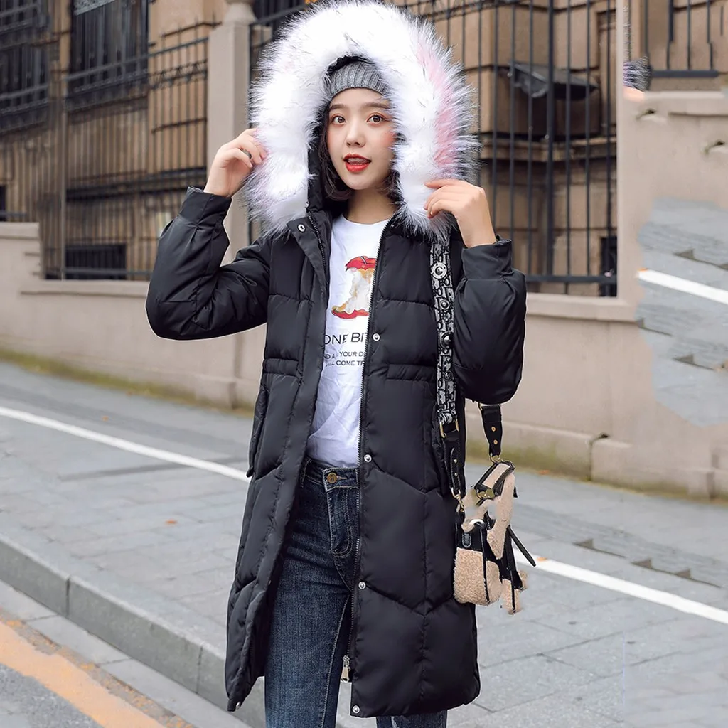 BK JAYCOSIN New Ladies Long Coat Solid Waist Slim Large Fur Collar Hooded Jacket Warm Casual Fashion Autumn And Winter Personality - Цвет: BK