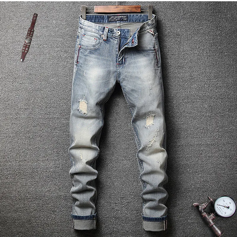 

2020 New Light Blue Washed Italian Designer Men Jeans High Quality Brand Straight Fit Distressed Ripped Jeans For Jeans Men