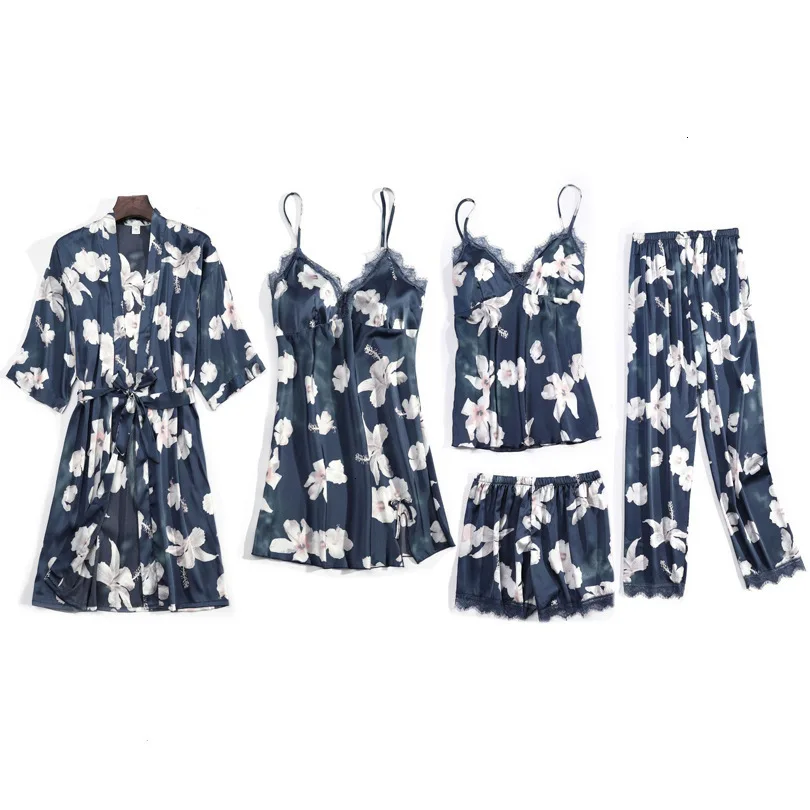 Autumn Sexy Ice Silk 5 Pcs Women Pajama Set Stain Printing Flower With Chest Pad Cardigan Trousers Set Pajamas