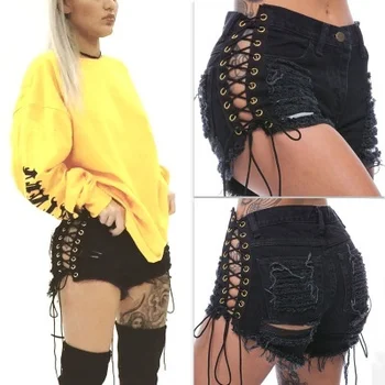 

Punk Rock Lace Up Black Denim Shorts Sexy Hole Ripped Women Tassel Short Jeans 2017 Summer Casual Pockets Bottoms