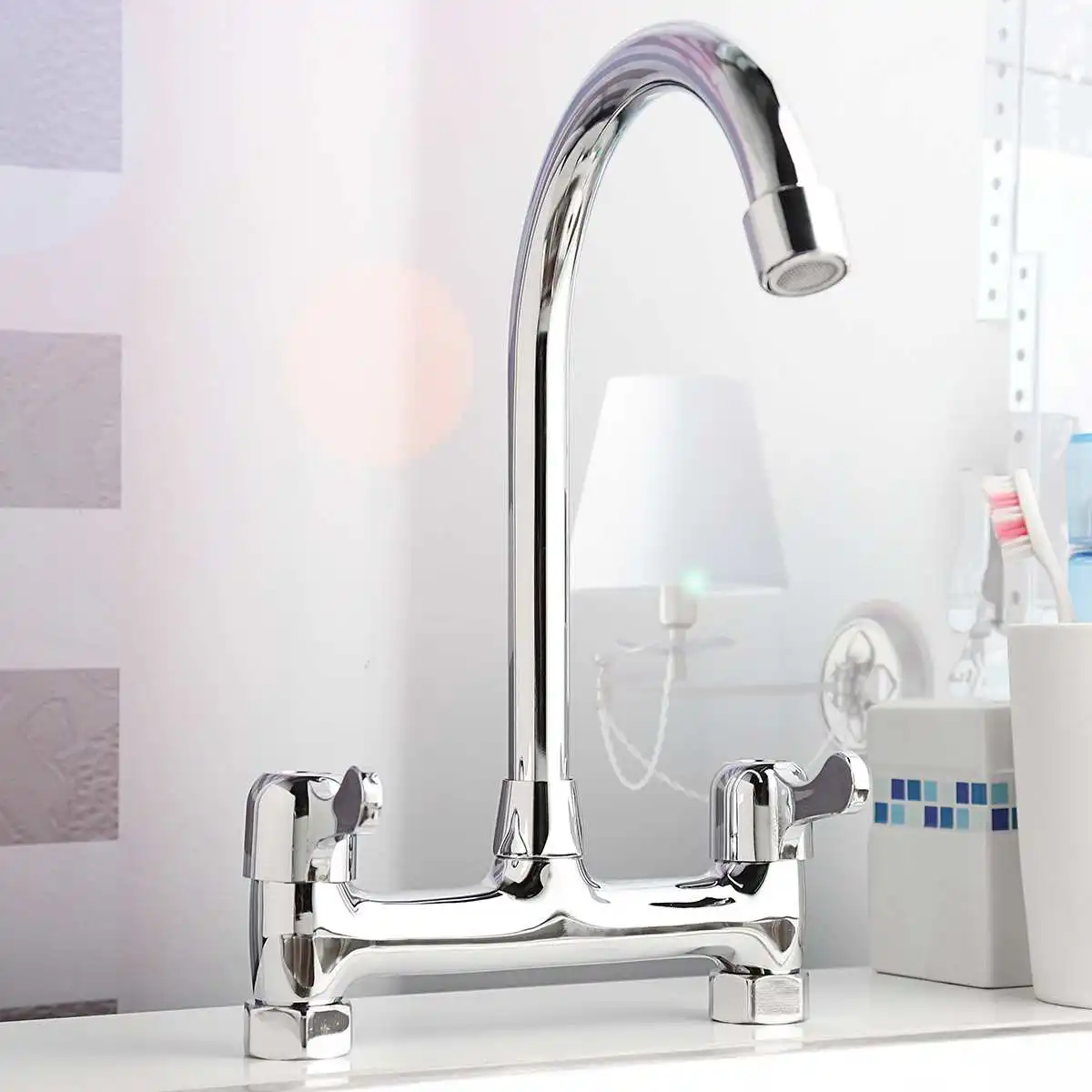 

Xueqin G1/2'' 360Rotation Bathroom Double Handles Kitchen Basin Faucet Gooseneck Design Sink Faucet Deck Mounted Cold And Hot