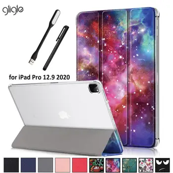 

Gligle Print smart stand case cover for iPad Pro 12.9 2020 leather pouch clear back shell +Led+Touch pen free shipping