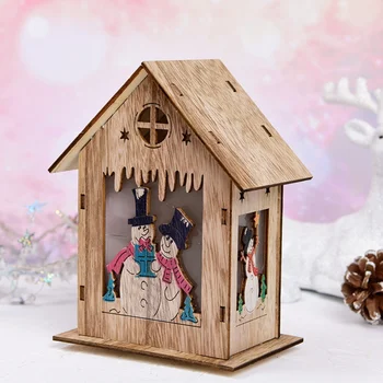 

XMerry Christmas Retro Small Wooden House Decoration For Home Cute Christmas Party Decorations With Lights Santa Claus Pattern