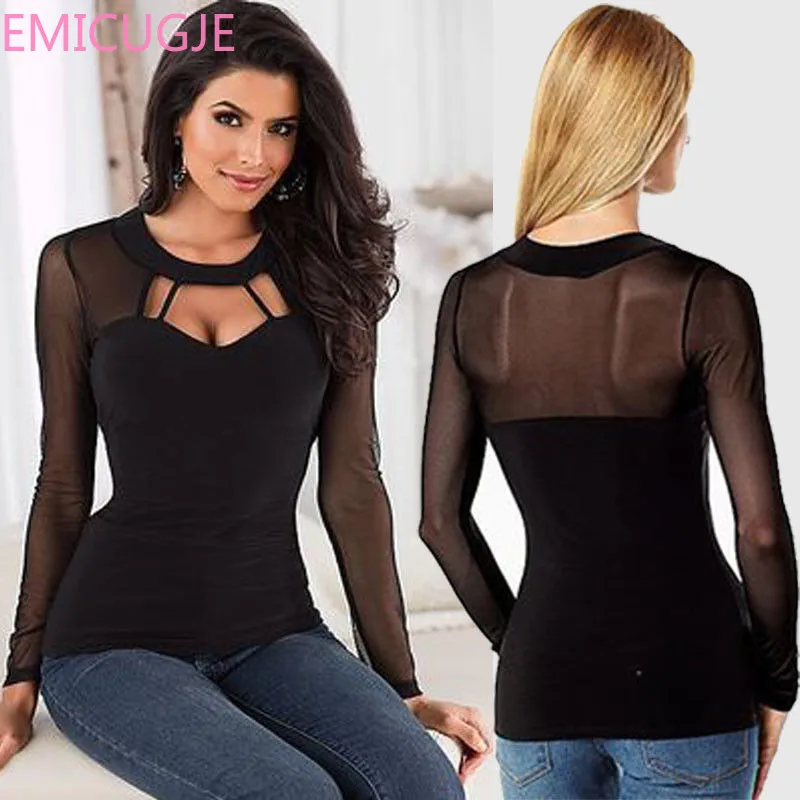 

Casual Black Slim See Through Shirts Tops Women Sexy Mesh Blouses 2017 Blusas Femininas Long Sleeve O Neck