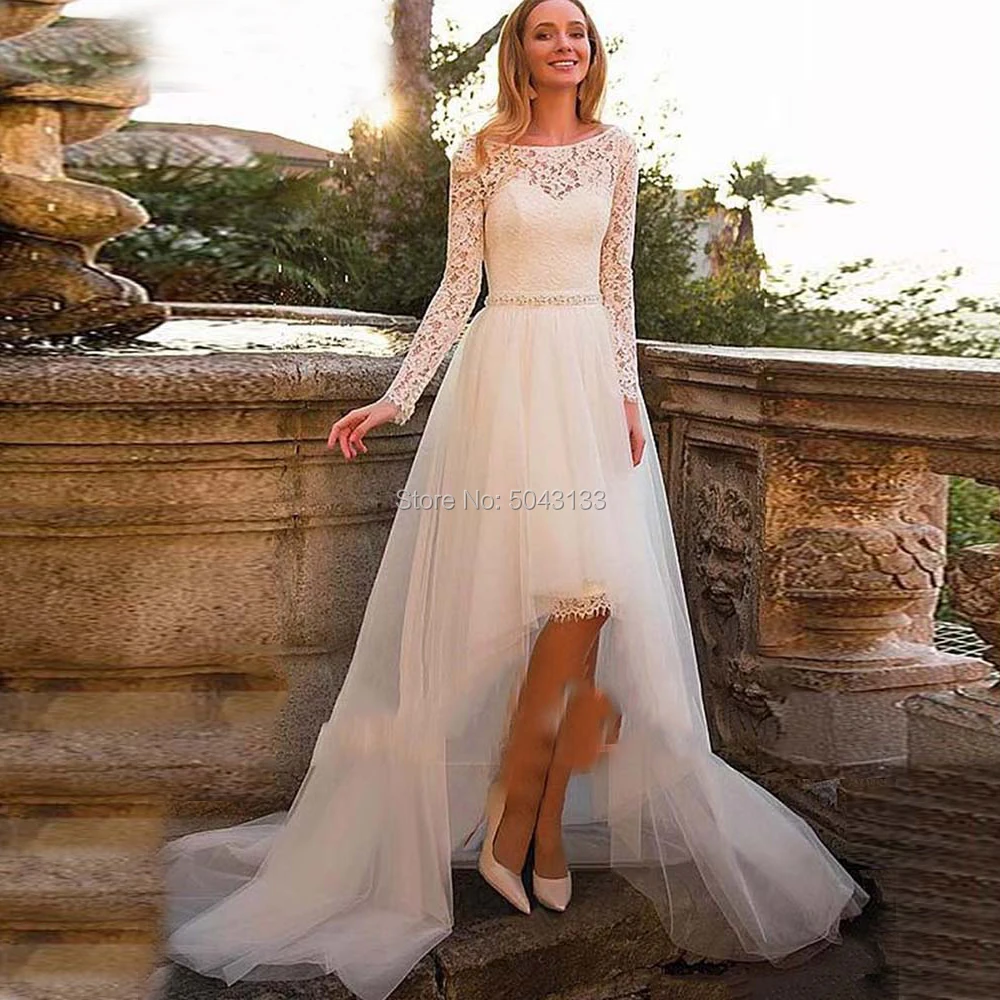 

Lace Short Wedding Dresses with Detachable Skirt 2020 Long Sleeves Corset Back Knee Length Bridal Gowns Two Piece Brides Dress