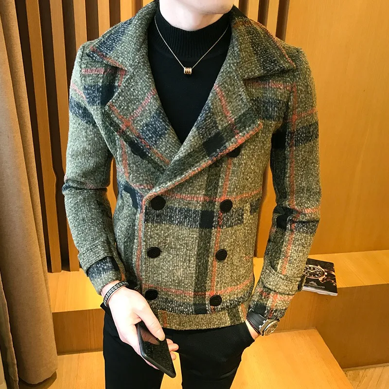 Fashion Plaid Double Breasted Mens Woolen Short Coats Korean Autumn New Long Sleeve Lapel Slim Male Outerwear Jackets Plus Size