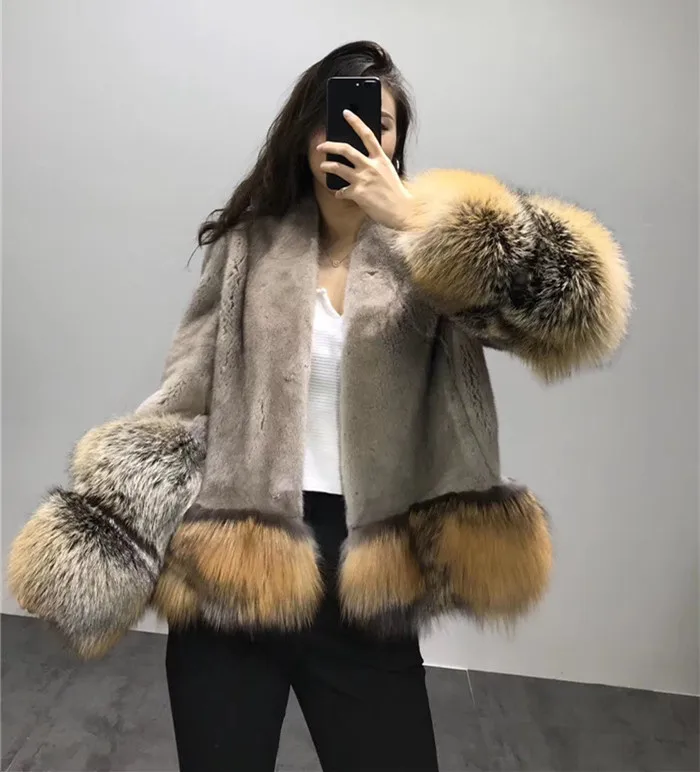 mink with red fox women real mink fur coat patchwork real red fox fur cuffs and lap winter warm short fur coat jacket - Цвет: mink with red fox