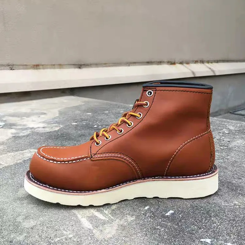 Goodyear-Welted Vintage Genuine Leather Ankle Motorcycle Boots Wings Square top Men Casual Dress Work Red Boots Shoes men punk