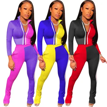 

Echoine Color Block Leisure Sports Women Two-Piece Set Zip Crop Tops Suit Casual Lounge Wear Gym Biker Fitness Jogger Tracksuits