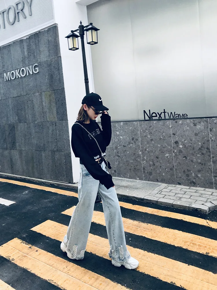 Свободные прямые мешковатые джинсовые штаны модные рваные широкие Harajuku уличная Женская высокая талия Пояс Длинные джинсы брюки комплект из двух предметов