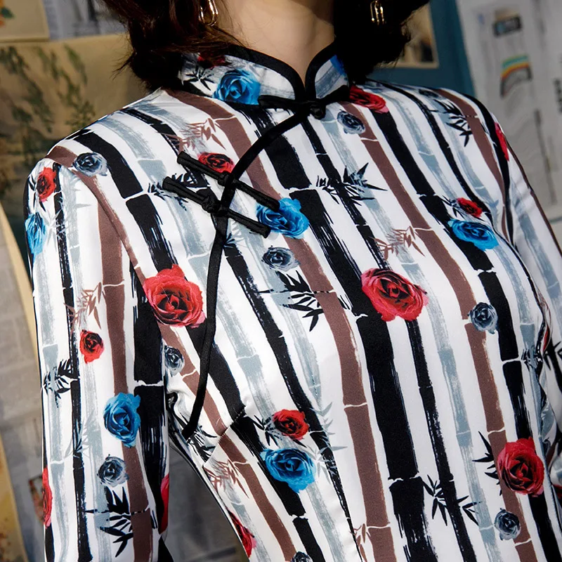 Негабаритный 3XL 4XL осеннее Новое поступление винтажное Чонсам с коротким рукавом сексуальное женское Формальное длинное платье с цветочным принтом сатиновое Qipao