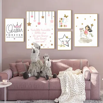 

Nursery Wall Art Little Girl with Crown Art Print Gold Stars Quote Poster Canvas Paintings In The Bedroom Baby Princess Room