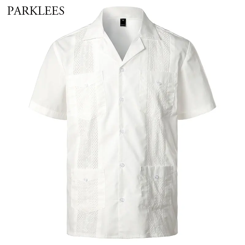 

Embroidery Floral Patchwork Shirts for Men Casual Multi-Pocket Mens Short Sleeve Shirt Cuban Camp Guayabera Ethnic Men Clothing