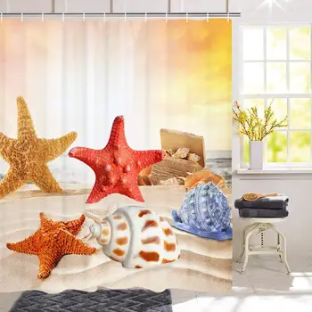 

Starfish Shower Curtain Conch Shower Curtain Seashell Shower Curtain Beach and Sea Creatures Shower Curtain with 12 Hooks,