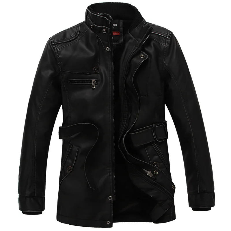 New Winter Leather Jacket Men Fleece Warm Solid Long Jacket Men Casual Moto Biker with Belt Faux Leather Jacket and Coat 6XL