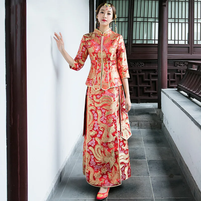 Высококачественный Величественный Женский Qipao изысканное свадебное платье традиционный Дракон и Феникс Ципао плюс размер костюм Тан одежда