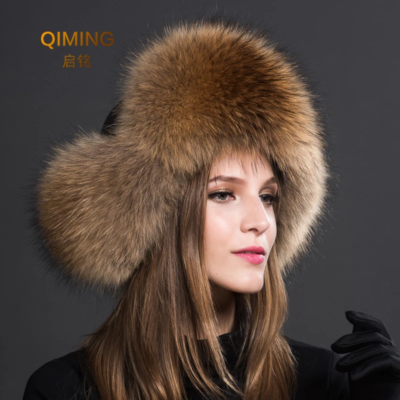 Natural Raccoon Fur Caps Ushanka Hats 