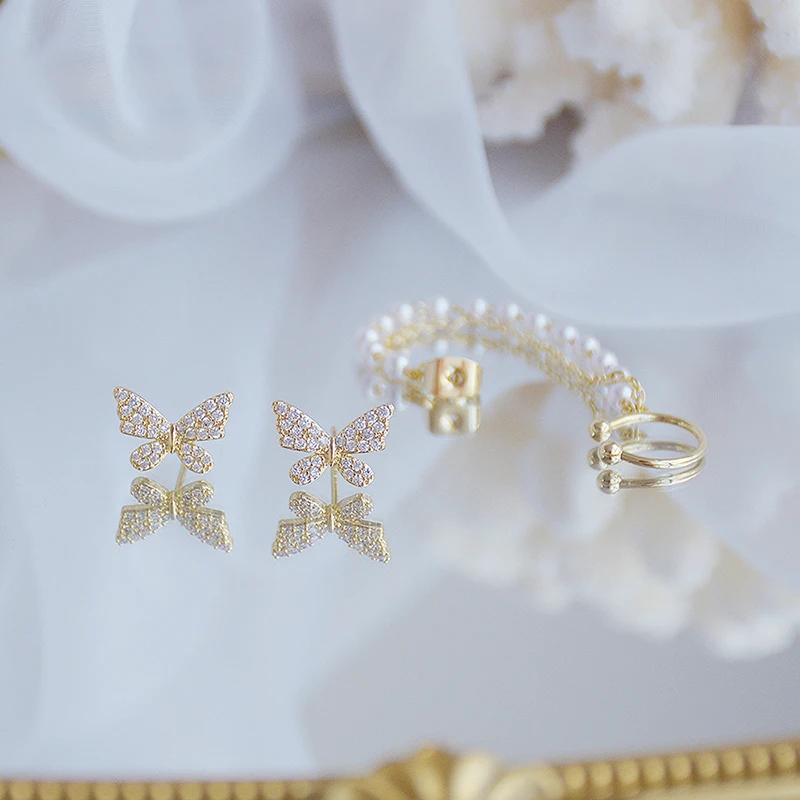 Korean Temperament Pearl Butterfly Ear Bone Clip Earrings 14k Real Gold Bling Delite Zircon Earring Wedding Bridal Jewellery - Image 5