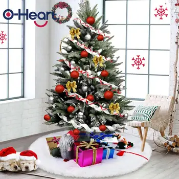 

OHEART White Plush Christmas Tree Skirt Red Button Carpet Under The Christmas Tree Fur Natal Tree Skirts New Year Decoration