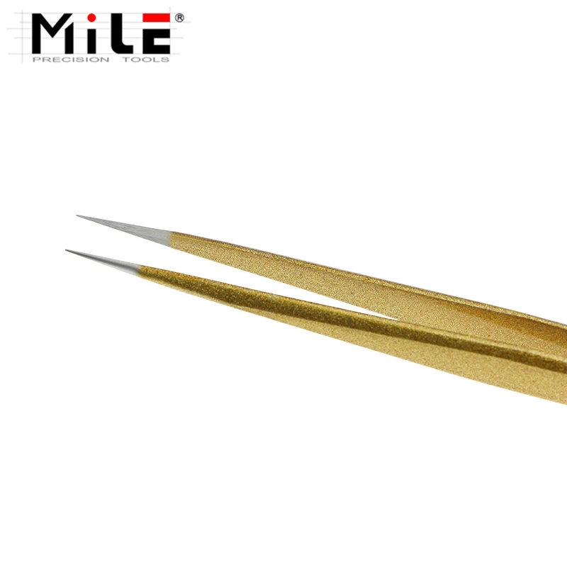 MILE Precision Anti-static140mm Gold Straight Tweezers Stainless Steel Electronic Pointed Tip Straight Tweezer Forceps