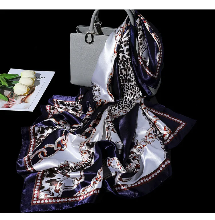 Модный головной шелковый шарф женский роскошный дизайнерский платок бандана женский атласный с принтом платок 90x90 см большой квадратный шарф Мусульманский Хиджаб - Цвет: 034