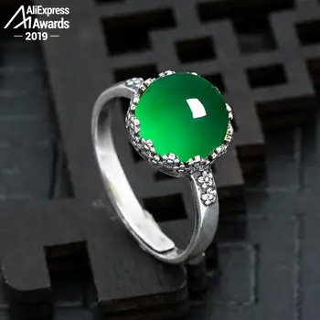 

10*10mm 6.18 Sale S925 Sterling Silver Asia Emerald Rings Jade moldevite Chinatown oriental Retro Chalcedony Jade