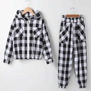 

Spring Autumn Girls Suit New Children Hooded Plaid Casual Long Sleeve Top + Pants 2-Piece Set Baby Girls Clothes