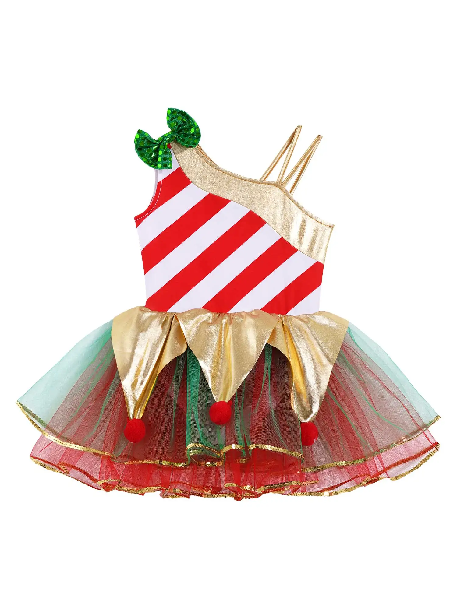 

Kids Girls Christmas Dress Fashion Asymmetrical Shoulder Print Sequins Adorned Mesh Dresses Bodysuit Carnival Cosplay Costumes