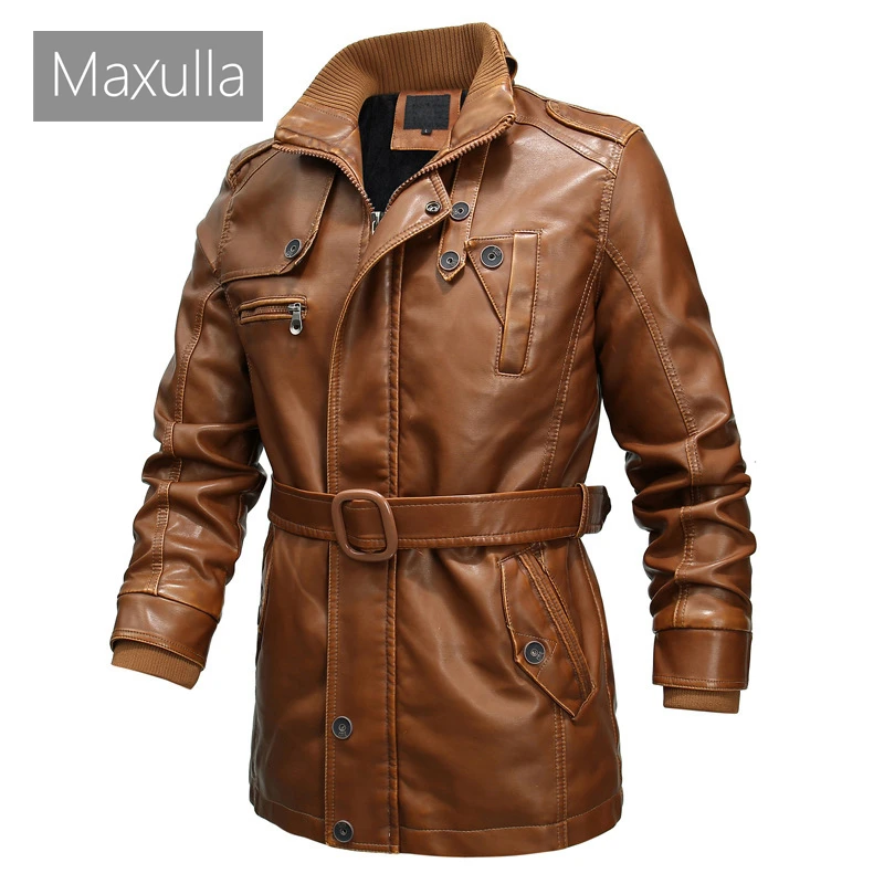 genuine leather jacket mens Maxulla Winter Men's Leather Jacket Casual Outwear Long Motorcycle PU Leather Jacket Male Zipper Biker Leather Coats Clothing leather vest motorcycle