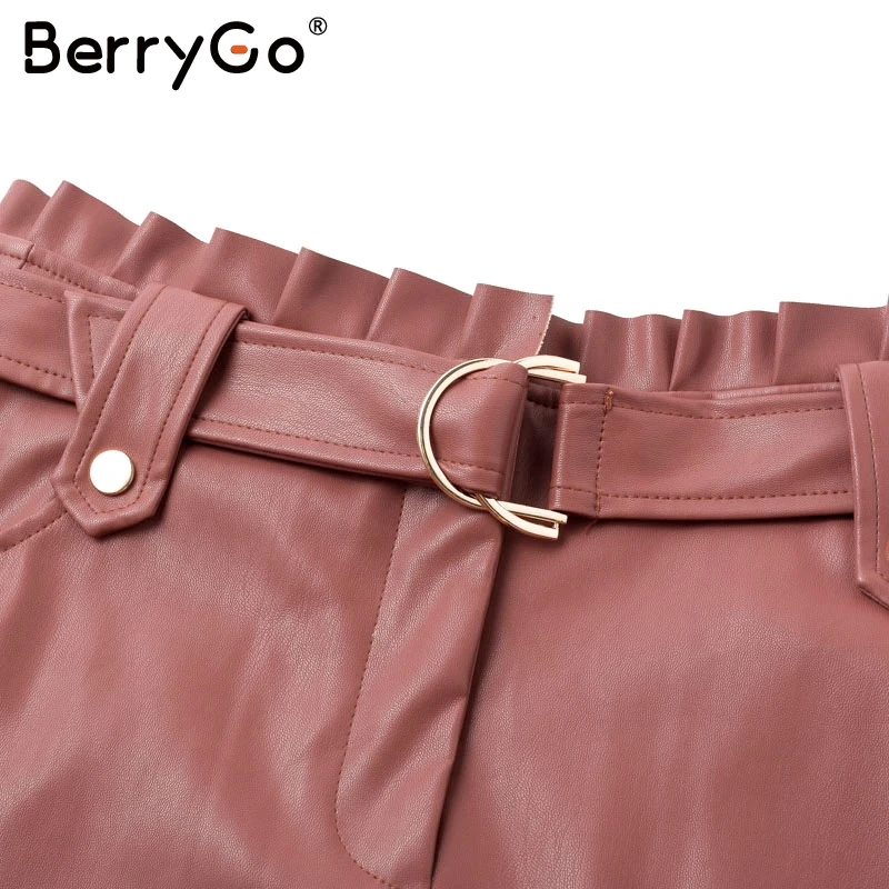 BerryGo Осенняя плиссированная короткая женская юбка с высокой талией трапециевидные вечерние женские юбки для клуба пикантные женские юбки с поясом из искусственной кожи