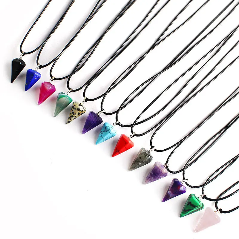

2019 Fashion Natural Conical Stone Pendant Necklace crystal natural Leather Chains Necklace for Man Women Jewelry Gift