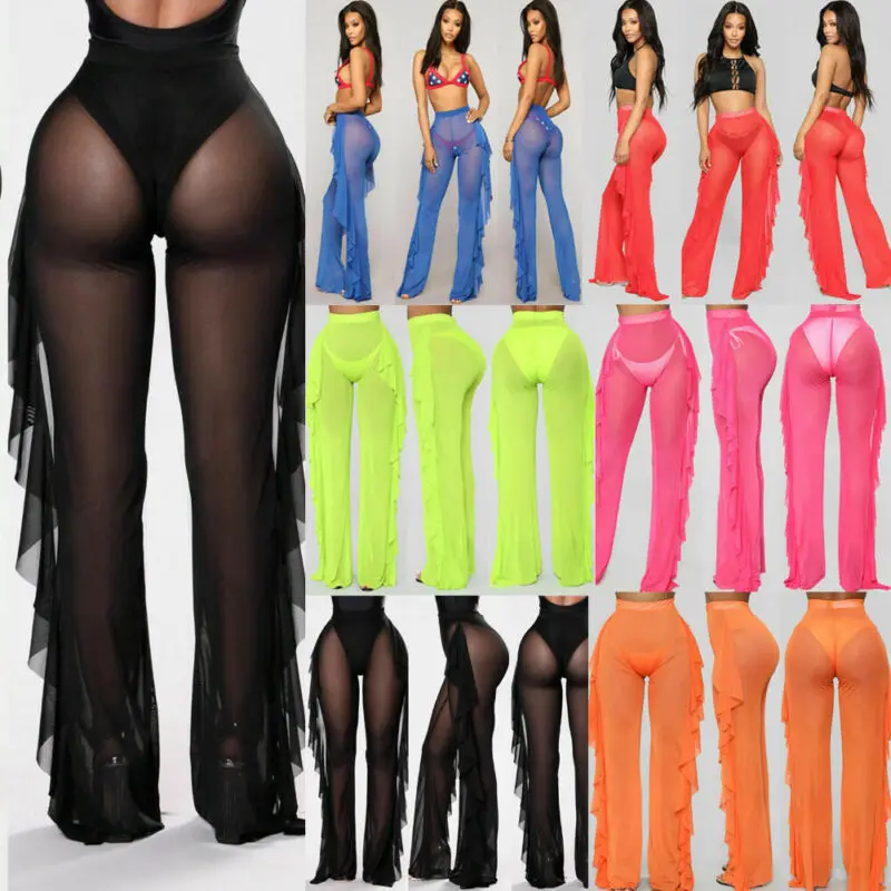 Summer Women Beach Mesh Ruffle Sheer Wide Leg Pants Trousers Bikini Cover Up swimsuit cover up,swimsuit coverup,beach suit