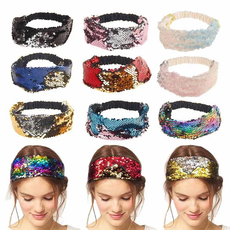 Reversible Sequin Girls Headband Mermaid Elastic Fabric Hairband Summer Style Wide Head Band For Female Women Hair Accessories