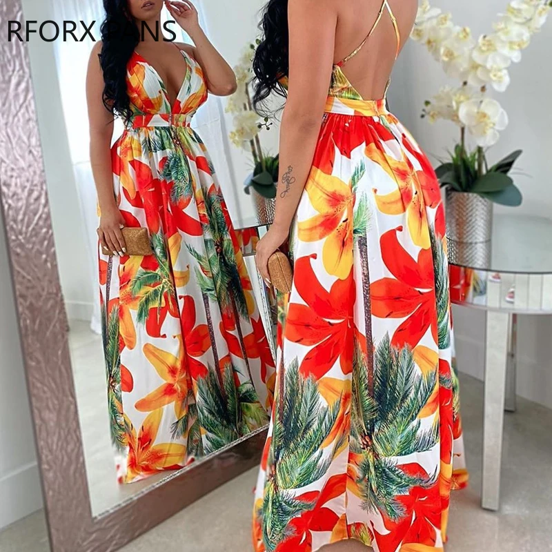 Floral Print Backless Maxi Dress Summer Dress Women Fashion Party Elegant  Clothes - Dresses - AliExpress