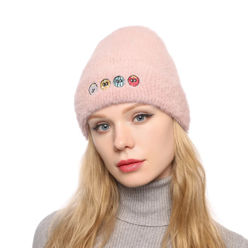 

2019 Winter New Wool Cap Lady's Ribbed Point Knitted Hat Mink Fur Rabbit Hair Thickening Warm Wool Cap