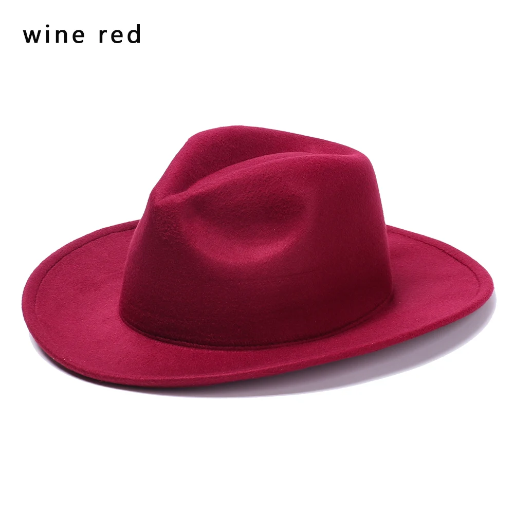 wine red Осень-зима, имитация шерсти, для женщин, мужчин, дам, Fedoras, топ, джаз, шляпа, европейская, с широкими полями, американский котелок, шапки, новая мода - Цвет: wine red